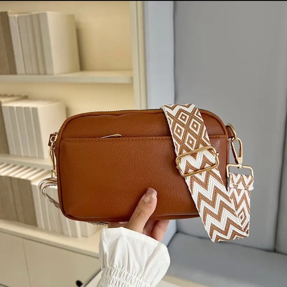 Handbags - Stylish Brown Crossbody Bag with Geometric Strap
